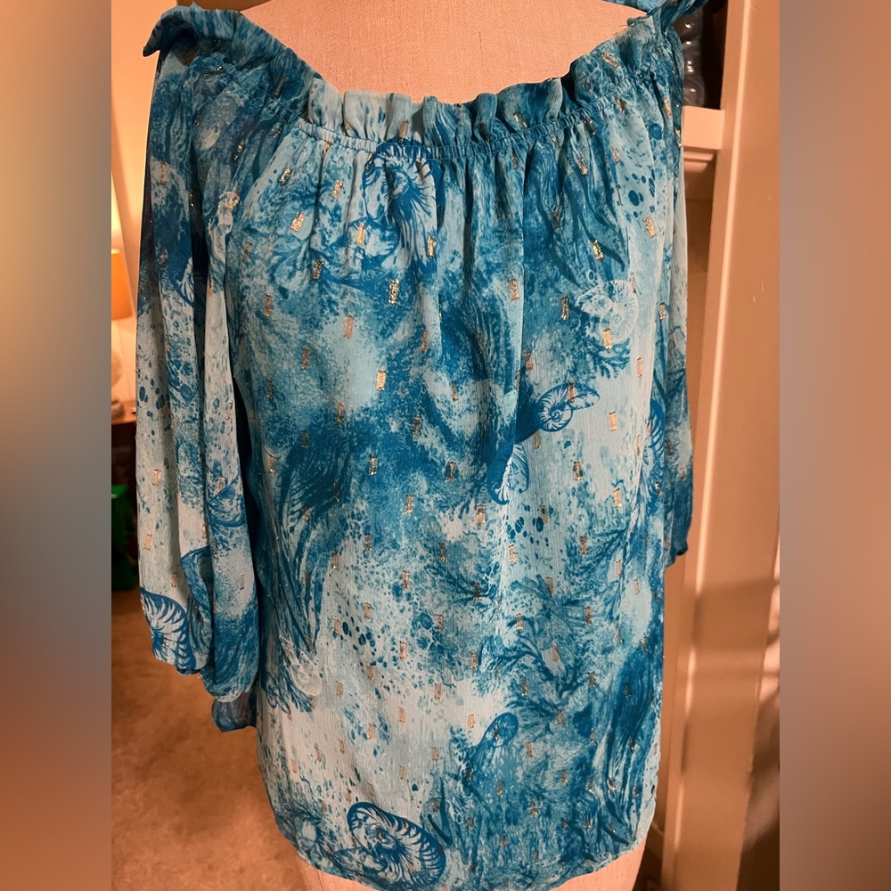 White House Black Market Blue Smocked 3/4 Sleeve Blouse